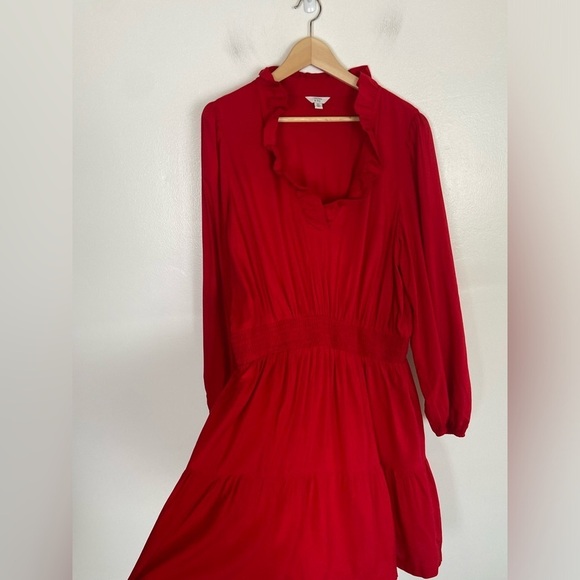 Crown & Ivy Midi Dress Size XL Red Long Sleeve Tiered Smocked Waist Ruffle Neck - Picture 1 of 11